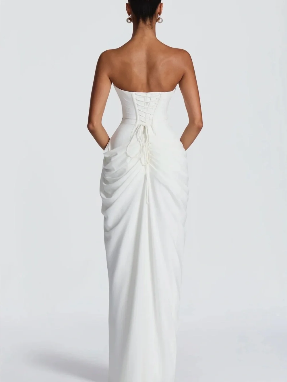 Strapless White Ruched High-Slit Evening Gown - Picture 2 of 2